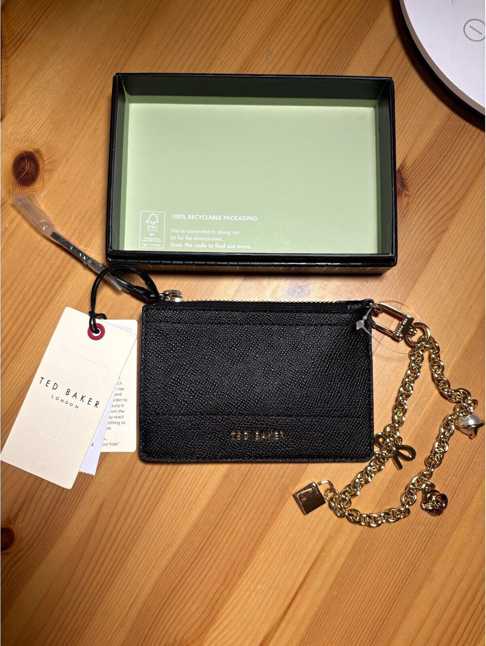 Ted Baker Black/Gold Zip Card Wallet Wristlet w/ Chain Charm & ID Window